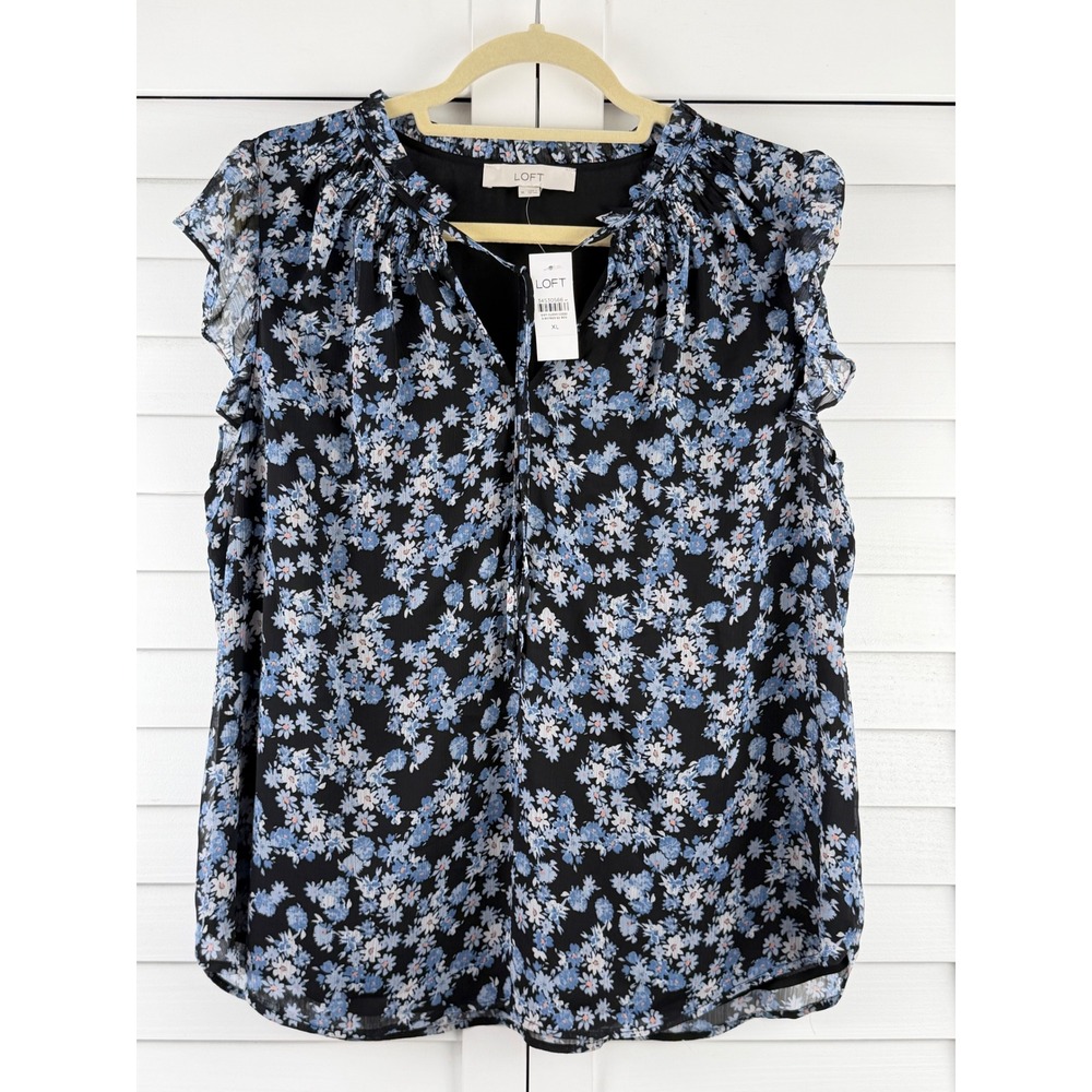 LOFT Blouse XL Black Blue Floral Ruffle Flutter Sleeve Smocked Neck NEW